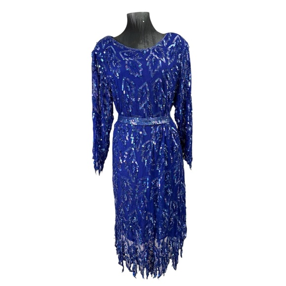 Vintage Carina Royal Blue 100% Silk Sequined Midi Dress - Picture 6 of 16